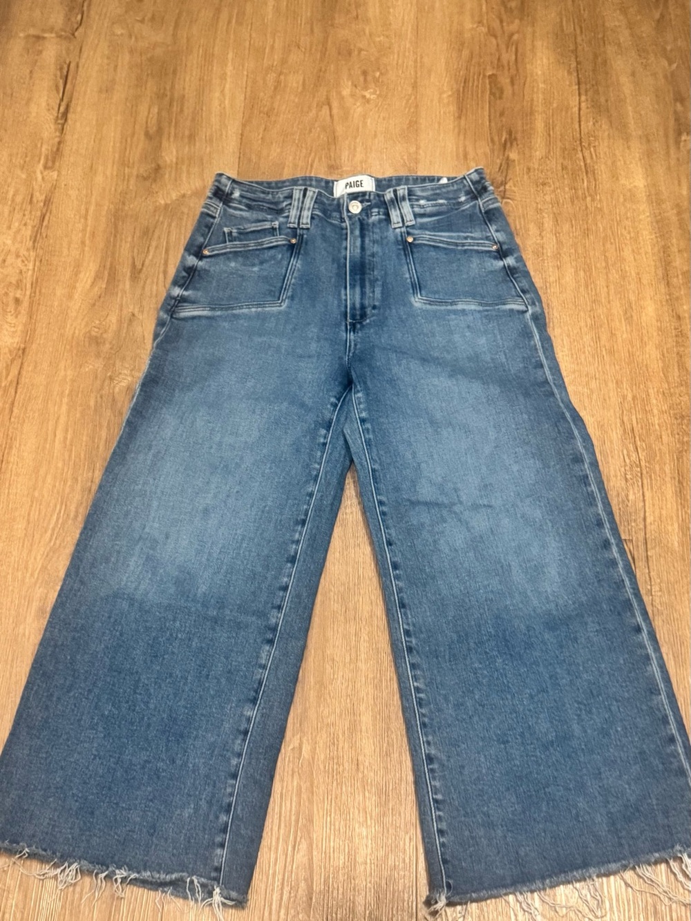PAIGE Anessa Wide Leg Jeans Size 29 Raw Hem Patch Pocket Dark Wash Denim
